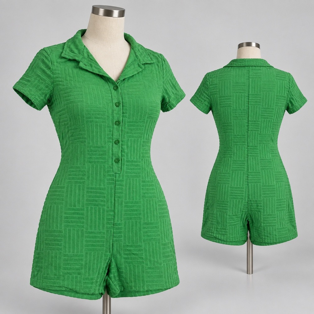 Green Textured Terry Knit Romper Short Sleeve Button Front Small Retro 70s Style